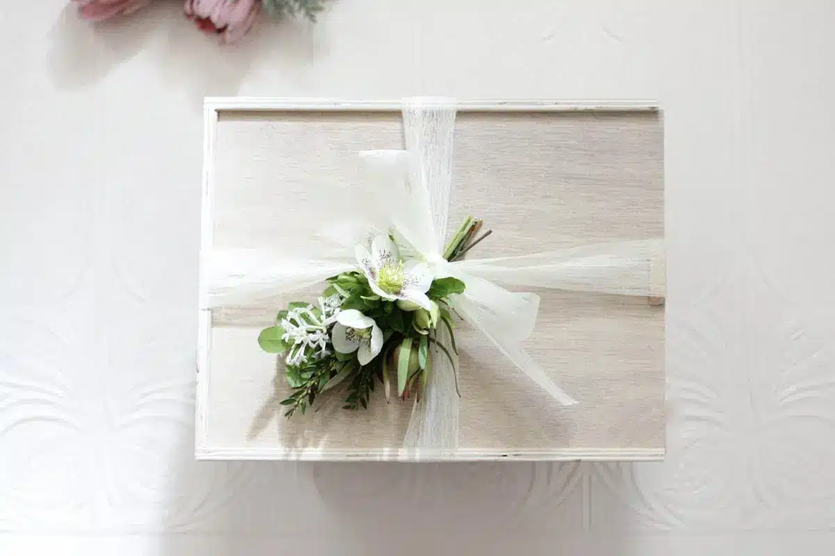 White gift box with ribbon and flowers - The Village Florist Hunters Hill