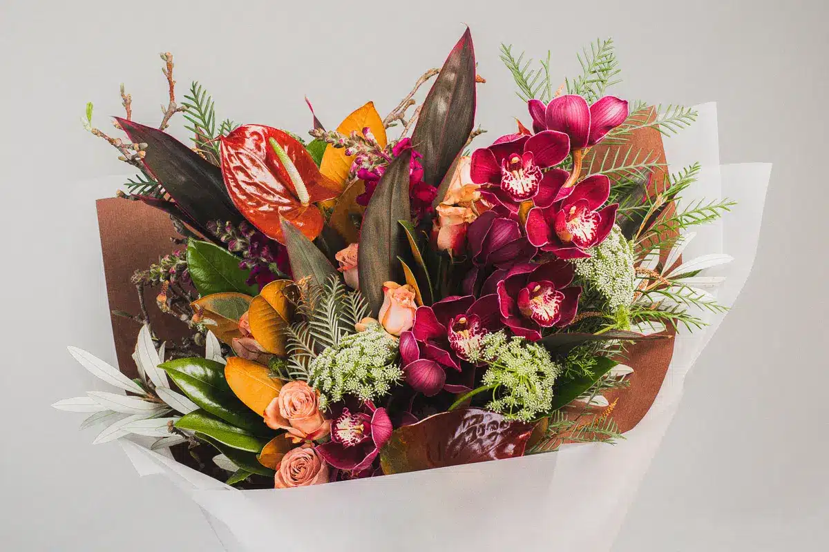 Exotic flower arrangement with orchids and anthurium - The Village Florist Hunters Hill