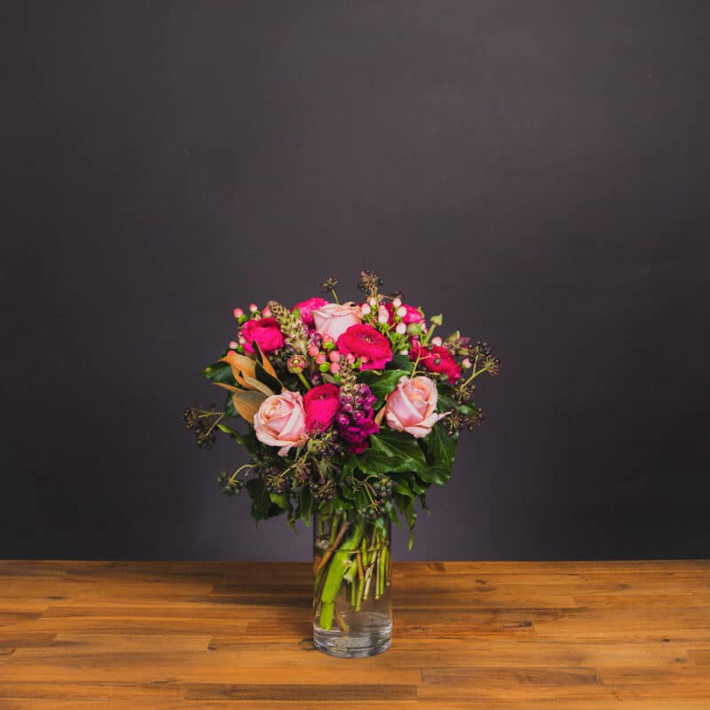 Bright Delight floral arrangement with pink and red roses. - The Village Florist Hunters Hill