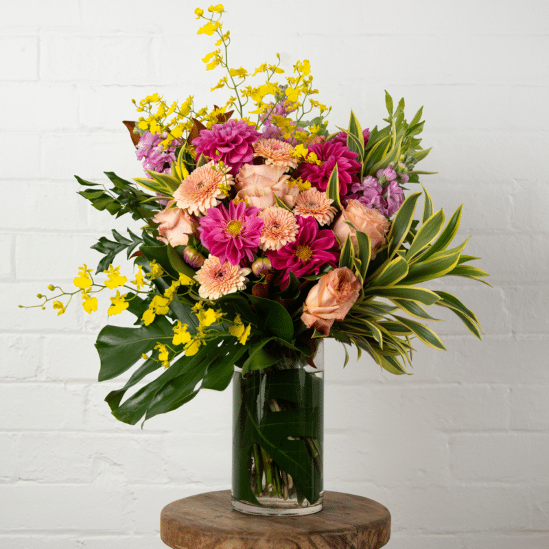 Vibrant mixed flower bouquet with dahlias and orchids - The Village Florist Hunters Hill