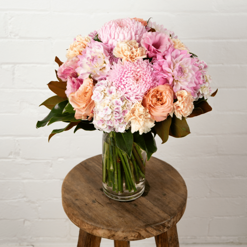 Pink and peach floral arrangement in vase - The Village Florist Hunters Hill
